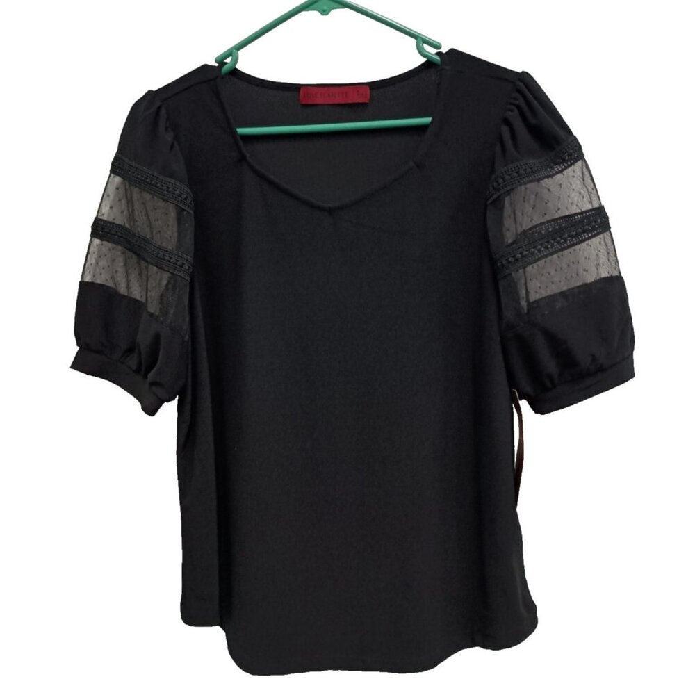 Love‎ Scarlett Womens Top Medium Black Sheer Dark Fairy Gothic Puff Sleeve NEW